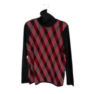 Anne Klein Argyle Turtleneck Sweater L | Red Black Plaid Preppy Fall Winter